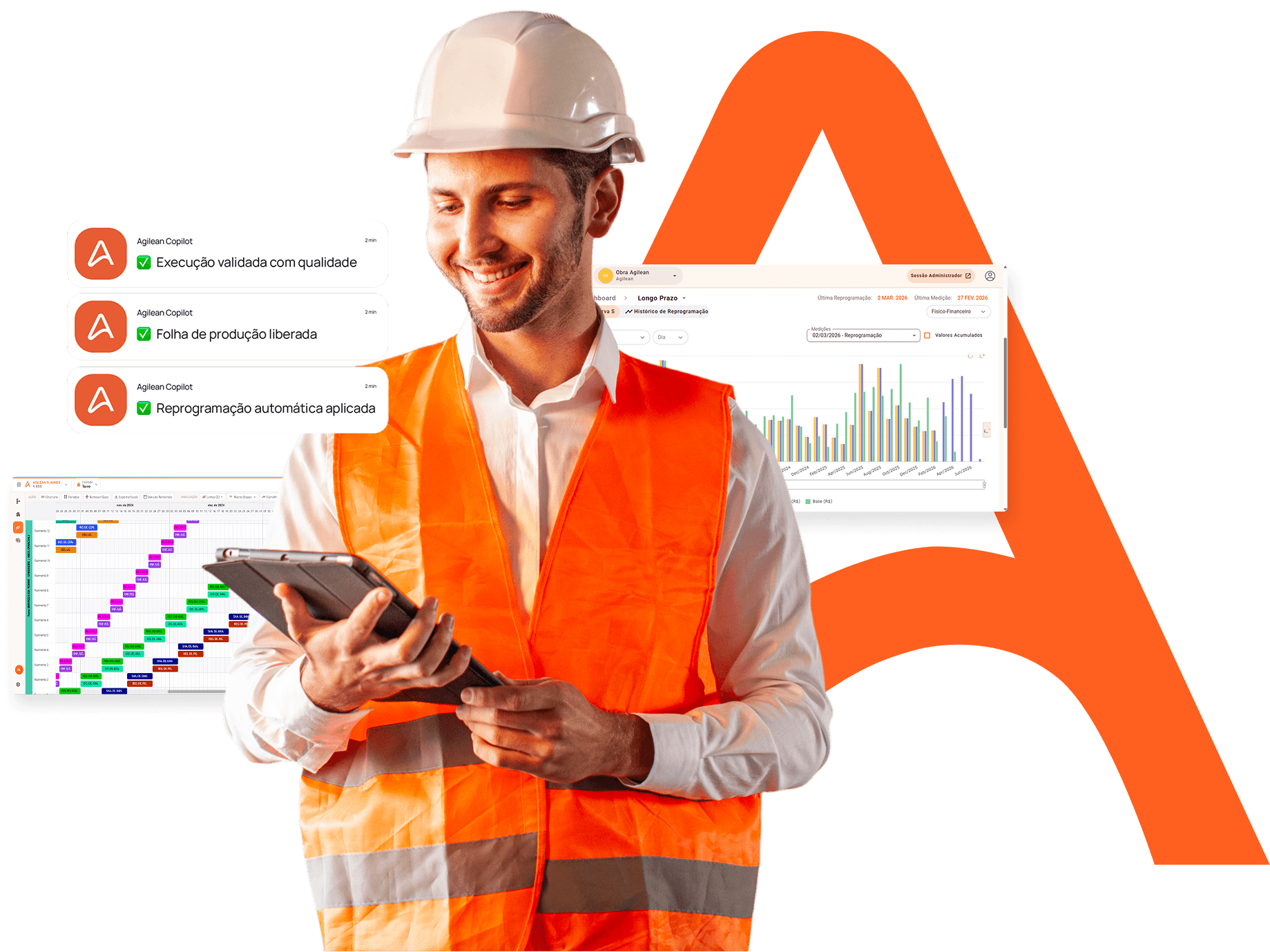 Engenheiro de obra utilizando o Agilean Copilot no canteiro