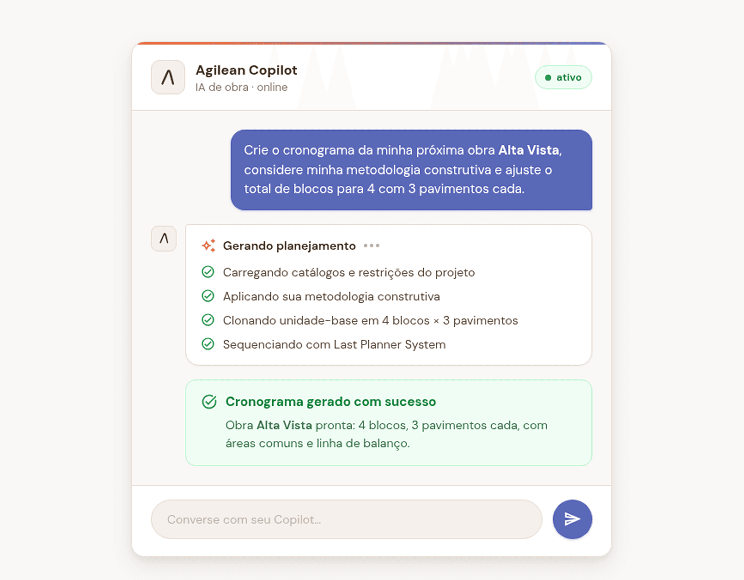 Agilean Copilot gerando cronograma da obra Alta Vista