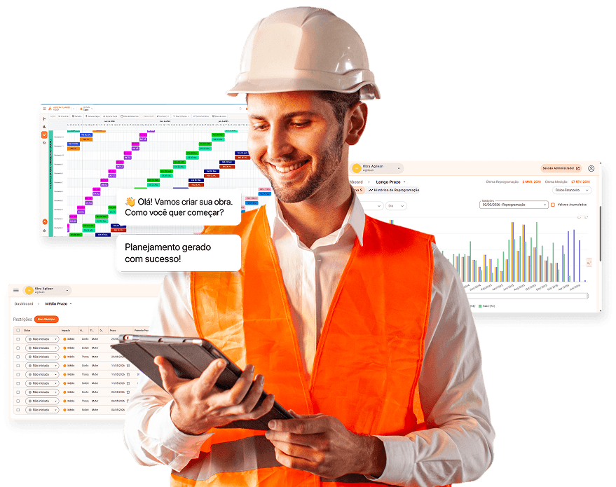 Engenheiro de obra com tablet utilizando a Agilean