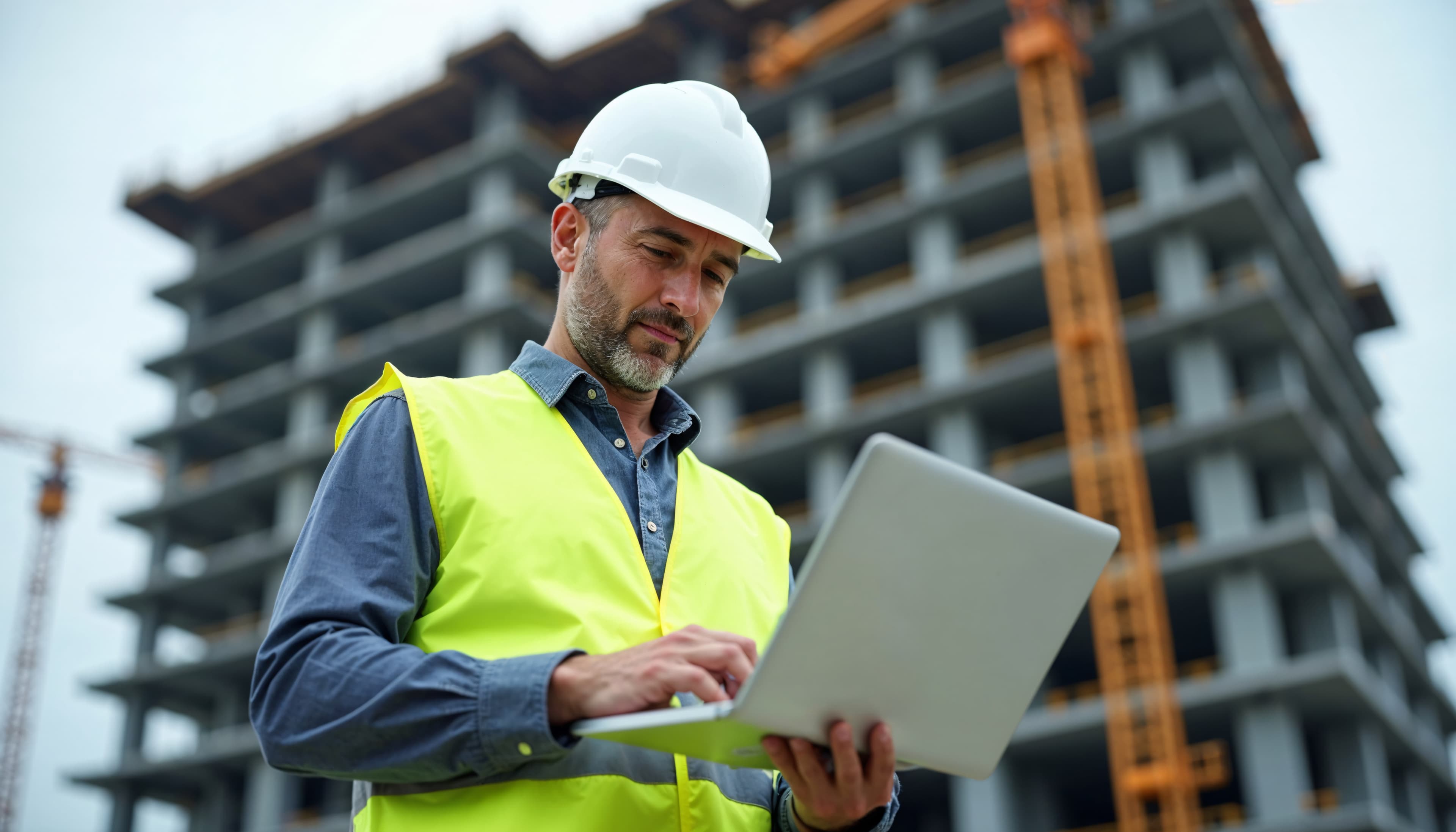 Engenheiro de obra com notebook no canteiro
