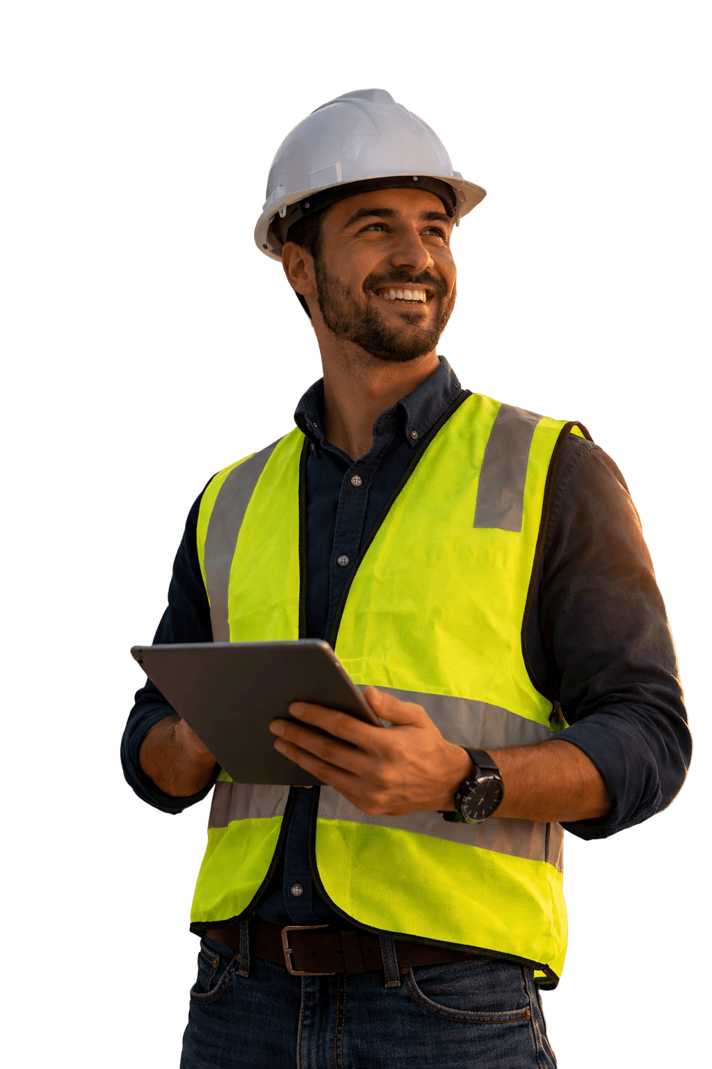 Engenheiro de obra com tablet utilizando a Agilean