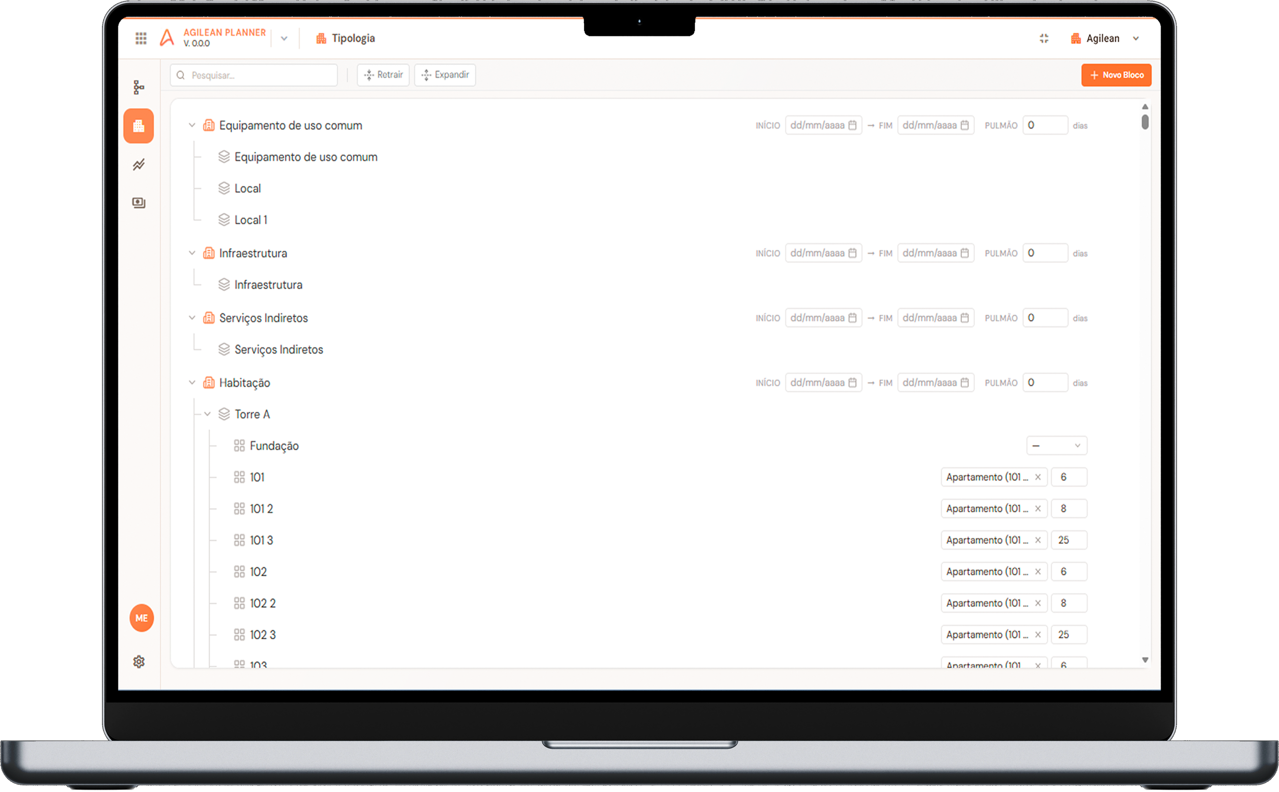 Interface Agilean Planner com estrutura de tipologia por locais e sublocais