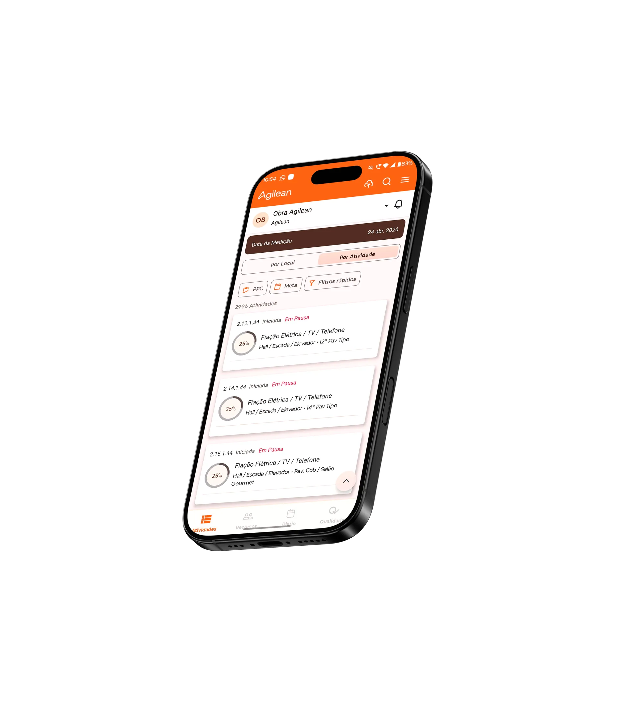 App Agilean de medição no canteiro, com registro de avanço por atividade e modo offline