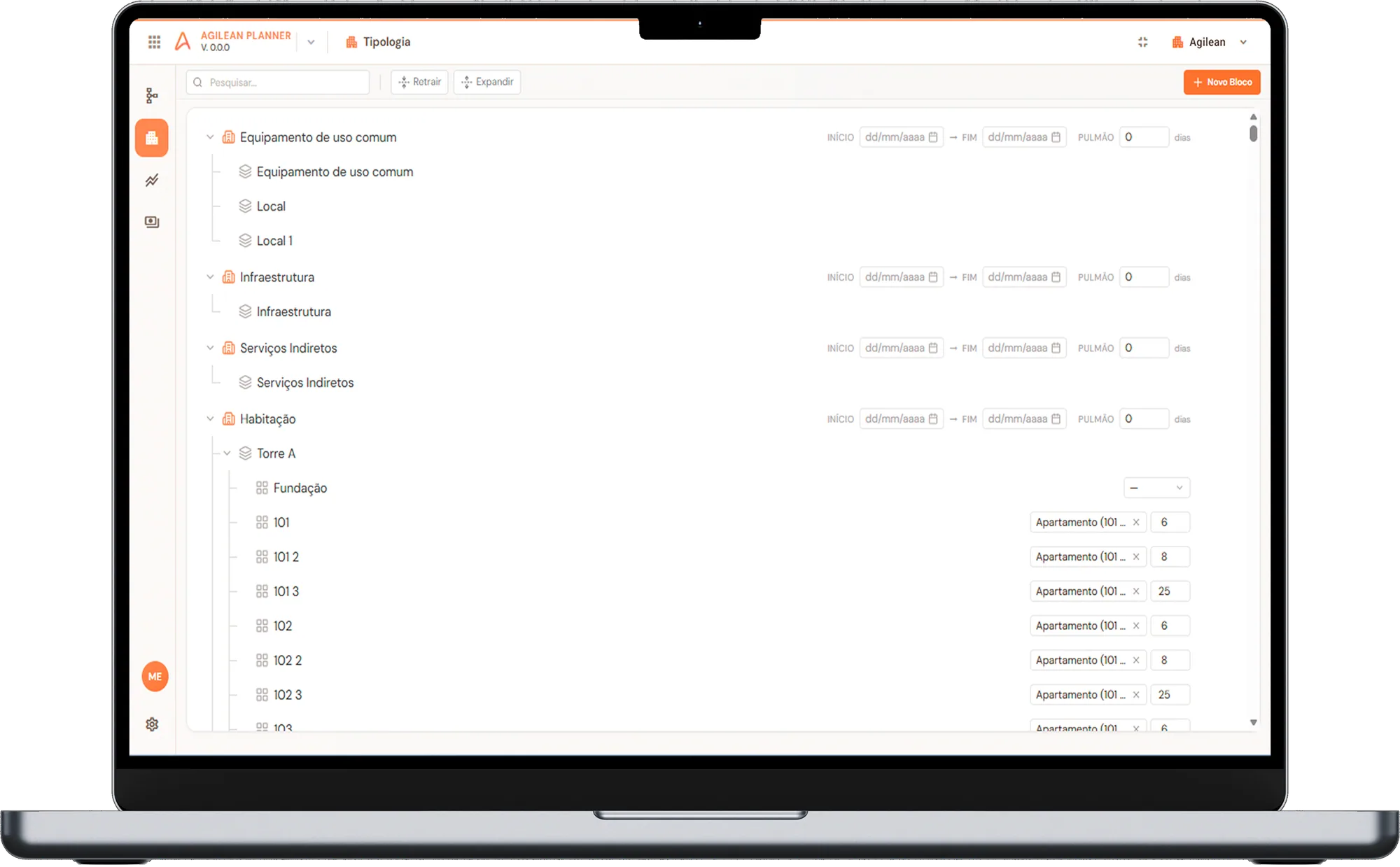 Interface Agilean Planner com estrutura de tipologia por locais e sublocais