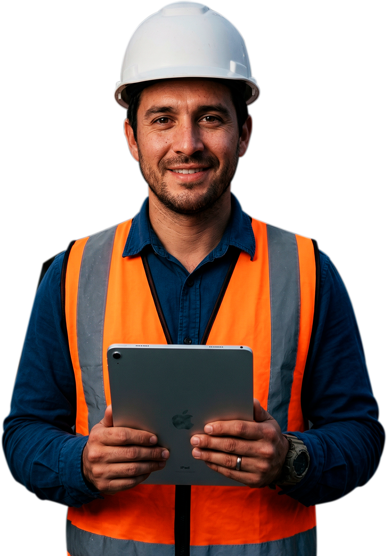 Profissional de obra com tablet Agilean para plano de ação e qualidade no canteiro